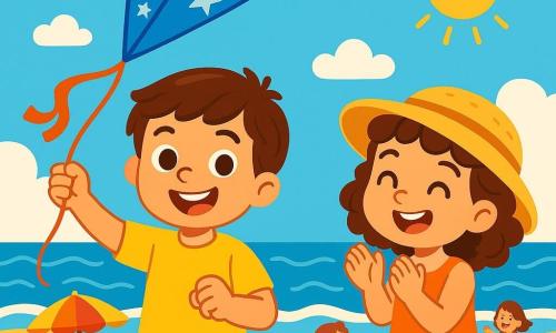 Um garoto de 8 anos, chamado Pedro, com cabelos castanhos e olhos brilhantes de alegria, está de pé na praia, sorrindo amplamente. Ele veste um traje de banho azul vivo e uma camiseta amarela, segurando uma pipa azul decorada com estrelas brancas que sobe ao céu. Ao seu lado, uma menina de 7 anos, Sofia, com cabelos cacheados e um chapéu de palha, aplaude entusiasticamente, seus olhos brilhando de excitação. Ao fundo, a praia é banhada por uma luz dourada, com ondas ondulantes e guarda-sóis coloridos plantados na areia quente. A cena principal mostra Pedro e Sofia empinando suas pipas, cercados por outras crianças se divertindo, criando uma atmosfera alegre e festiva sob um céu azul brilhante.