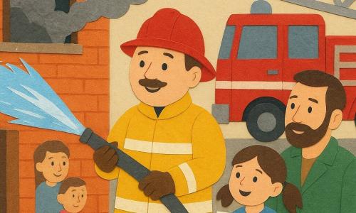 Un bombero sonriente y tranquilizador con casco rojo brillante y chaqueta amarilla reflectante sostiene una potente manguera que lanza un chorro brillante hacia una ventana humeante; una niña de 5 años con coletas y vestido azul ofrece un dibujo colorido al bombero, su padre de unos 35 años con barba y chaqueta verde la abraza junto a una boca de incendios roja; un gran camión de bomberos rojo con larga escalera plateada está aparcado, la casa de ladrillo naranja muestra humo gris en la ventana y vecinos curiosos en la calle; escena luminosa de colores vivos y texturas en papel, centrada en el chorro de agua, ambiente valiente y tierno: el fuego se apaga y todos están a salvo.