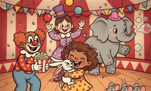 A joyful 2-year-old girl with curly brown hair sits center in a yellow dress with red polka dots and striped socks, hugging a long-eared white rabbit, while a round-nosed male clown (~30) on the left offers popcorn, a female clown (~25) in a purple top hat juggles three colorful balls behind her, a large gray elephant named Ellie on the right blows soap bubbles, three gray mice pedal a tiny red bike in the foreground, and the red-and-white circus tent with a polished wooden floor, banners, balloons and confetti is lit by warm, soft light.