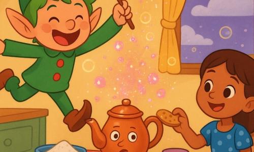 A mischievous, round-faced elf named Nim with pointed ears, tousled green hair and a green outfit with red buttons jumps on a light wooden table laughing and waving a small polishing brush as a small animated copper teapot called Sir Pour-a-Lot with tiny legs and painted eyes, serious but comical, sneezes pink and gold glitter that pops into sparkling bubbles while a delighted seven-year-old girl with brown pigtails in a blue polka-dot dress sits to the right on a chair offering a biscuit; the magical kitchen has a red-checkered cloth, bowls of sugar, a bright jam jar and an open window to a violet-blue sky with whipped-cream-like clouds, warm, bright, saturated colors, soft lines, simple child-friendly style.
