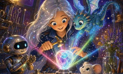 Mira, a young woman, smiles in wonder with bright eyes and slightly open mouth; long silver hair speckled with sparks, wearing a midnight-blue leather jacket with tiny metallic flecks, she gently taps a glowing crystal called the Heartlink on her wooden workbench with a small golden hammer. Nova, a tiny star-dragon, perches on Mira’s right shoulder—blue-green iridescent scales, translucent wings trailing blue stardust, mischievous gaze—fluttering above the crystal. Pippin, a friendly 60 cm polished-metal robot with glowing buttons and repaired arms, stands left of the bench clapping mechanically and watching the crystal, while a silver-furred moon-mouse near Mira’s feet holds a berry. The floating circular space forge, with patinated metal walls and window panels showing a starry sky and purple nebulae, warm yellow lamps, shelves of shiny tools and a jar of wildflowers, frames a magical moment as the Heartlink radiates pink, blue, and green rays forming a soft shimmering aura around Mira and her companions; saturated colors, gouache-like textures, soft brushstrokes and rounded forms center the composition on the crystal and the amazed faces.