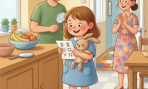 A joyful, focused 4-year-old girl with round cheeks and freckles smiles broadly wearing yellow socks with small stars and a light blue dress with pockets, holding a small silver mirror and reading a note reflected in it while clutching a beige embroidered-eyed plush rabbit named Button; behind her to the left a softly smiling father (30–40) with short brown hair and a green T‑shirt holds an extra small mirror near the counter, and to the right a mother (30–40) with tied-up hair in a patterned dress applauds gently and points toward the hallway — the warm, bright kitchen features a light wood countertop, a bowl of colorful fruit, soft tiles, a mirror near a bowl, and an open door to a hallway with a checkerboard rug; the scene is a tender, playful moment with encouraging adults, warm colors and pastel-like textures.