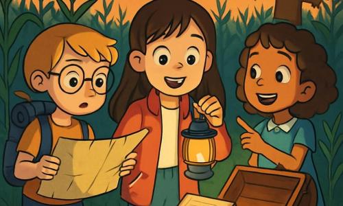 There are three characters: Amelia, a 10-year-old girl with long brown hair and sparkling curious eyes, wearing a red jacket and holding a small lantern that softly lights her face; Harper, a 10-year-old girl with short blonde hair and round glasses, looking determined and carrying a backpack filled with adventure tools, standing to the left of Amelia and carefully examining a map they found; and Mia, a 10-year-old girl with curly hair in a polka-dotted blue dress, smiling dreamily and pointing at an old scarecrow in the distance, standing to the right of Amelia. The main setting is a dense cornfield with tall green stalks swaying gently in the wind, under a sky tinted with shades of orange and purple at dusk. In the center of the field, a small clearing is illuminated by Amelia's flickering lantern, while an old straw scarecrow stands mysteriously in the darkness. The main situation shows the three girls discovering an ancient chest in the clearing, with expressions of wonder and excitement on their faces. The chest is open, revealing an old journal, while shadows dance around them, creating a magical yet slightly eerie atmosphere.