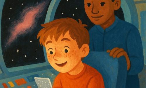 A thirteen-year-old boy, Milo, round face with freckles, tousled light brown hair, an awed look and slight smile, delicately holding a small shiny silver card that sparkles like moon dust; behind him stands Captain Rhee, about 40, light brown skin, black hair in a bun, calm benevolent gaze, hand resting lightly on a seat back, both observing the card in the observation cabin of a spaceship with a panoramic window, metal frames, pale blue lights and control panels; outside, velvet-black space dotted with stars and a pale pink nebula casting a soft glow reflected on Milo’s face; the scene feels safe and curious, in a childlike gouache style with saturated colors, visible brush textures, soft outlines and clear expressions.