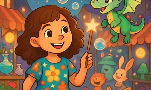 A 10-year-old girl named Gwendolyn, with curly brown hair and sparkling curious eyes, stands at the center of a magical scene, a radiant smile illuminating her face. She wears a colorful dress adorned with floral patterns and holds a sparkling wand in her hand, ready to conjure bubbles of magic. Beside her, a small dragon named Fizzle, with shiny scales and translucent wings, joyfully flies around her, his eyes gleaming with excitement. He is Gwendolyn's best friend, encouraging her to explore the magical world around them. In the background, the Old Muddlewood market stretches out, vibrant with bright colors and shimmering lights. Wooden stalls are filled with sparkling potions, luminescent flowers, and fantastical creatures, while floating lanterns create a fairy-tale atmosphere. The main scene shows Gwendolyn and Fizzle preparing for the Bubble Festival, surrounded by enchanted creatures having fun and getting ready to join the celebration. Magical bubbles float around them, capturing the light and adding a touch of mystery to the entire scene.