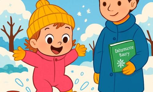 Mała dziewczynka, Zosia, ma 2 lata, duże błyszczące oczy i promienny uśmiech. Ubrana jest w jaskraworóżowy kombinezon i żółtą wełnianą czapkę. Skacze w kałuży śniegu, rozpryskując płatki wokół siebie z wyrazem radości i zdumienia. Obok niej nauczycielka, pani Ania, około 30-letnia, z brązowymi włosami związanymi w kok i niebieskim płaszczem, przygląda się Zosi z życzliwym uśmiechem, trzymając książkę o tajemnicach zimy. Tło stanowi zaśnieżony ogród z drzewami pokrytymi lśniącym śniegiem, kolorowymi zabawkami częściowo zakopanymi w śniegu i jasnoniebieskim niebem z puszystymi białymi chmurami. Sytuacja główna pokazuje Zosię bawiącą się, odkrywając magię zimy, otoczoną lśniącym śniegiem i radosnymi śmiechami.