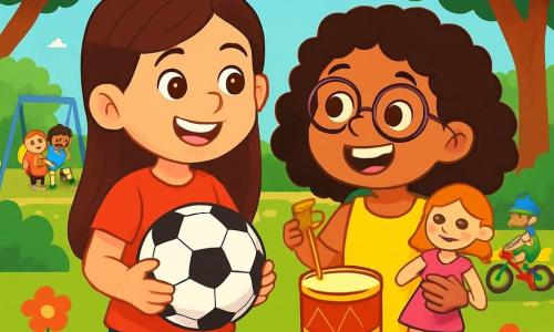 There are two main characters: Emma, an 8-year-old girl with long brown hair and sparkling eyes, wearing a red t-shirt and denim shorts. She is smiling, holding a soccer ball, ready to play. Mia, also 8, has curly hair and is wearing a bright yellow dress. She has round glasses and a big smile, standing next to Emma, holding a doll in one hand and a drum in the other, ready to have fun. The scene takes place in a sunny park filled with greenery, with majestic trees lining the playground and colorful flowers on the ground. In the background, children are playing together, some on swings and others riding bikes, under a blue sky with fluffy white clouds. The main situation shows Emma and Mia standing on the playground, surrounded by other children having fun. They are joyfully discussing their favorite games, promoting the idea that all children, regardless of gender, can play together and do what they love.