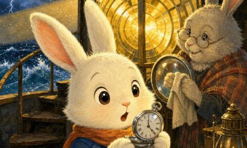 A small white fluffy rabbit with long twitching ears, round bright eyes and an amazed face holds a silver pocket watch glittering between its paws and looks at the large lighthouse lens; an elderly guardian doe with graying fur, a kind smile and a plaid shawl stands behind it polishing the big glass lens with a cloth. The dark stone lighthouse has a worn wooden spiral staircase and a lantern room with a large circular prismatic lens with golden reflections; outside, a rough sea with whipped waves and spray, dramatic gray-blue clouds and distant lightning. The lighthouse beam casts a wide warm yellow cone through the storm, with drops and spray around the glass. Gouache style, textured brushstrokes, saturated yet soft colors, slightly blurred edges, warm reassuring atmosphere despite the storm; composition centered on the rabbit and lens, close crop showing the face, pocket watch and reflections.