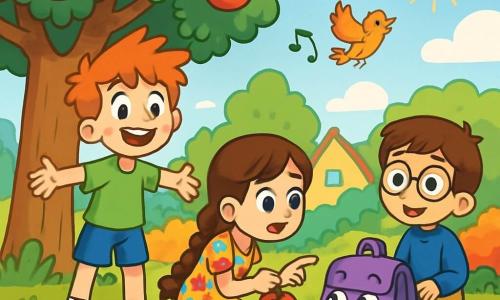 Er zijn 3 personages: - Finn: een 9-jarig jongen met rommelig rood haar, gekleed in een felgroen t-shirt en blauwe shorts. Hij staat met zijn armen wijd uit elkaar en een grote glimlach op zijn gezicht, klaar voor avontuur. - Merel: een 8-jarig meisje met een lange bruine vlecht, gekleed in een kleurrijke bloemenjurk. Ze zit in een hurk, houdt een appel in een hand en wijst naar een mysterieus voorwerp achter een struik. - Noa: een 9-jarig jongen met ronde bril en kastanjebruin haar, gekleed in een blauwe trui en beige broek. Hij zit op het gras en kijkt nieuwsgierig naar de scène, met een verwonderde blik op zijn gezicht. De locatie bevindt zich onder een grote appelboom met takken vol helderrode appels, in een zonnig park met groen gras en kleurrijke bloemen eromheen. Op de achtergrond is een geel huis met een puntdak en een heide vol kleurrijke struiken te zien. De belangrijkste situatie toont de drie vrienden die een paarse rugzak ontdekken met knipperende ogen, die lijkt te praten, terwijl een lichte bries de bladeren van de bomen laat dansen. De sfeer is vrolijk en vol verrassingen, met gekke elementen zoals vogels die melodieën zingen en wolken in de vorm van snoepjes.