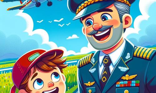 Un piloto sonriente, con un gran gorro azul y un uniforme brillante, está al lado de su avión. Tiene ojos brillantes de alegría y una gran sonrisa que muestra su entusiasmo. A su lado, un niño de 8 años, llamado Nico, con cabello castaño desordenado y una gorra roja, mira el avión con ojos desmesurados, lleno de asombro. Están en una pista de aterrizaje rodeada de campos verdes y un cielo azul brillante, salpicado de algunas nubes blancas. La escena principal muestra al piloto explicando a Nico cómo funciona el avión, con gestos animados y un ambiente alegre, listo para una aventura en el aire.