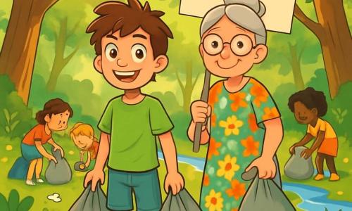 Un niño de 12 años, Lucas, con cabello castaño alborotado y ojos brillantes de curiosidad, está de pie en medio de un hermoso bosque verde. Lleva una camiseta verde brillante y un pantalón corto de mezclilla, y su rostro expresa una intensa alegría y determinación por proteger la naturaleza. A su lado, su abuela, una mujer mayor con cabello gris recogido y gafas redondas, sonríe orgullosa mientras sostiene un gran cartel que dice "¡Protejamos nuestro bosque!". Ella lleva un vestido de flores coloridas y sandalias cómodas. El lugar es un bosque denso, con árboles majestuosos y hojas verdes brillantes, iluminadas por los rayos del sol que se filtran a través del follaje. Flores silvestres de colores vivos salpican el suelo, y un pequeño arroyo brilla cerca, añadiendo un toque de magia al entorno. La escena principal muestra a Lucas y su abuela recogiendo basura en bolsas de plástico, rodeados de varios niños entusiastas que los ayudan a limpiar el bosque. La atmósfera es alegre y dinámica, con risas y gritos de aliento, ilustrando el espíritu de camaradería y la importancia de proteger la naturaleza.