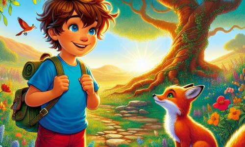 An 8-year-old boy, Eliot, with tousled brown hair and sparkling curious eyes, stands at the center of the scene, a radiant smile on his face. He wears a bright blue t-shirt and red shorts, holding a small backpack filled with nature's treasures. Beside him, a cunning fox with fiery fur and bright eyes watches Eliot mischievously, sitting on a rock with an upside-down newspaper in its paws. In the background, a majestic tree with sprawling branches and vibrant green leaves dominates the landscape, while colorful flowers dance in the gentle breeze. The scene takes place in the sunny clearing of Whispering Prairie, where the laughter of flowers and the song of birds create a magical atmosphere. Eliot, looking determined, is about to ask an important question to the fox, seeking answers about choice and kindness.