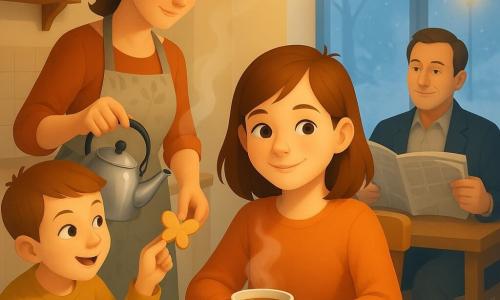 O fată de 12 ani, cu zâmbet blând și ochi sclipitori, părul șaten mediu cu o şuviță răzvrătită, ține o ceașcă de ceai aburindă pe o măsuță; fratele ei de 9 ani, cu păr scurt și privire jucăușă, smulge un biscuiți farfalle lângă masă; mama (~38 ani), cu părul prins și șorț simplu, toarnă apă fierbinte într-o ceainică, iar tatăl (~40 ani) stă pe fundal, sacou desfăcut, citind ziarul și zâmbind; bucătărie mică și caldă cu fereastră ce arată zăpadă și lampadar, masă cu față de masă în carouri alb-albastru, trei cești diferite, farfurie cu biscuiți de casă crăpați, felii de mere roșii, bol cu nuci și linguriță de lemn, lumină caldă pendulantă și aburi vizibili, atmosferă intimă de iarnă centrată pe fetei care aranjează masa.