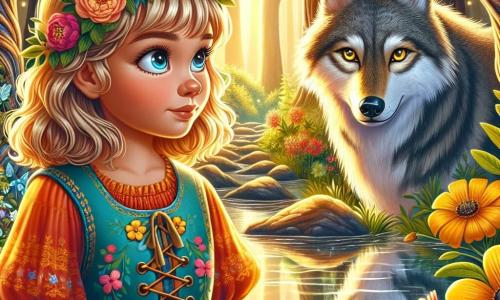 Una bambina di 10 anni, di nome Elena, si trova sulla riva di un lago cristallino, con gli occhi brillanti di curiosità e determinazione. Ha capelli biondo dorato che fluttuano dolcemente nel vento e indossa un vestito colorato decorato con fiori. Il suo viso esprime meraviglia e coraggio mentre osserva il suo riflesso nell'acqua. Accanto a lei, un lupo maestoso con occhi penetranti e pelo argentato si erge in una postura protettiva, apparendo saggio e benevolo, pronto a guidare Elena nella sua avventura. Il paesaggio è una foresta incantata, con alberi enormi dai tronchi nodosi e foglie dai colori vivaci, illuminati da raggi di sole che filtrano tra i rami. Fiori dai toni vivaci e creature magiche si nascondono nei cespugli, aggiungendo un tocco di mistero all'ambiente. La scena principale mostra Elena di fronte al suo riflesso nel lago, rendendosi conto che deve superare le sue paure per proseguire nella sua avventura, mentre il lupo la incoraggia con un'espressione piena di saggezza.