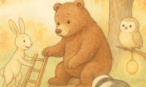 Un grande orso di peluche chiamato Berto, pelliccia marrone, occhi tondi e espressione timida, appoggia la zampa destra su un gradino di legno mentre sorride mentre lo aiutano a salire. Una coniglietta magra e vivace, Lella la lepre, pelliccia crema e orecchie lunghe, tiene il basso di una piccola scala di legno a sinistra di Berto. Tito il tasso, tozzo con strisce bianche e nere, concentra l'attenzione mentre infila un cuscino di tessuto sotto il gradino per sostenere la zampa. Mimi la piccola civetta rotonda, piumaggio beige e occhi dolci, è appollaiata su un ramo basso a destra con una lanterna di carta e canta piano. La scena si svolge in un parco giochi tra i boschi su un grosso tronco usato come piattaforma, foglie dorate e rosse, erba macchiata e cielo autunnale; gli amici sono in cerchio, si aiutano con scala bassa, cuscino e cordicelle colorate, atmosfera calda, calma e movimenti attenti.