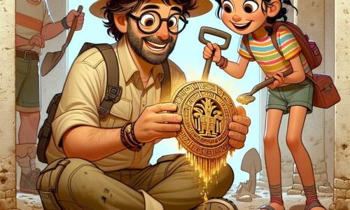 Al centro dell'immagine, un archeologo di nome Marco, di circa 35 anni, con capelli castani disordinati e occhiali rotondi, esprime grande entusiasmo. Indossa un cappello di paglia, una camicia beige e pantaloni cargo, mentre tiene un antico sigillo reale scintillante tra le mani, circondato da polvere dorata. Alla sua destra, una ragazza di 12 anni di nome Lila, con capelli neri intrecciati e un sorriso radioso, osserva attentamente un frammento di ceramica che tiene in mano. È vestita con una maglietta colorata e pantaloni corti, inginocchiata per fare una nuova scoperta. Sullo sfondo, un altro ragazzo di 14 anni, Samir, con capelli ricci e un cappellino, scava il terreno con una pala, concentrato sul suo compito. Indossa una maglietta a righe e sandali, ed è leggermente in disparte, vicino a un cumulo di terra. L'azione si svolge in un sito archeologico all'aperto, con colonne antiche in pietra e maestose rovine, sotto un cielo blu brillante. Il terreno è cosparso di detriti di antiche ceramiche e pezzi di statue, mentre le palme ondeggiano dolcemente al vento. La scena principale mostra Marco, Lila e Samir che scoprono insieme il sigillo reale, un pezzo prezioso che brilla alla luce del sole, simboleggiando una connessione con il passato e l'emozione dell'avventura archeologica.