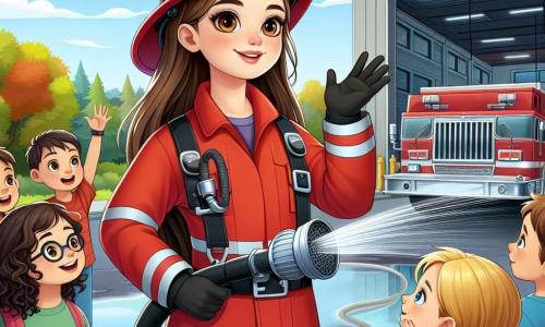 Uma mulher bombeira, Luísa, está orgulhosamente no centro da imagem, com um grande sorriso no rosto. Ela usa um uniforme vermelho vivo, um capacete de bombeiro brilhante e botas pretas. Seus longos cabelos estão presos em um rabo de cavalo, e seus olhos brilham de excitação e determinação. Ao lado dela, um grupo de cinco crianças, com idades entre 8 e 10 anos, observa com admiração. Uma menina de cabelos cacheados e óculos, que parece muito curiosa, levanta a mão para fazer uma pergunta. Um menino de cabelos loiros, com um grande sorriso, segura um pequeno capacete de bombeiro de plástico, enquanto outro menino, com uma camiseta azul, assiste à demonstração com os olhos arregalados. O cenário é do lado de fora de um grande quartel de bombeiros, com um caminhão vermelho brilhante estacionado nas proximidades. Árvores verdes cercam o edifício, e um céu azul radiante ilumina a cena. Luísa está fazendo uma demonstração do uso de uma grande mangueira, projetando um jato de água poderoso, enquanto as crianças, fascinadas, tentam controlar o jato com entusiasmo.