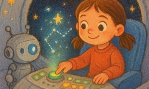 A smiling, brave 7-year-old Captain Maya with big bright eyes and brown pigtails sits in a soft blue chair pressing a glowing green button; beside her to the left is Pip, a small friendly matte-silver robot with a blue glowing eye, tilting toward a holographic star map on the dashboard of the round silver interior of the Little Sun ship, polished walls and a huge circular porthole showing a black sky dotted with golden, blue and violet stars; the holographic map shows a line of sparkling points and warm-glowing green and yellow buttons, creating a calm, safe pastel scene with soft textures, thick lines and clear friendly expressions suitable for toddlers.