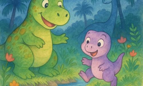 Tino, um Tyrannosauro Rex grande e rechonchudo de pele verde com manchas ocre, olhos doces e sorridentes, protetor e maravilhado com uma pata levantada a indicar a margem; Tina, irmã menor, lavanda pálida, saltando de alegria junto a Tino a olhar a água; Orion, um apatossauro muito alto de pescoço longo e olhos brilhantes cor de lua, ao fundo calmo a observar sob as árvores; margem de um rio claro e azul com pedras cintilantes como estrelas, ervas altas, flores e árvores de folhas em forma de pena, reflexos prateados na água; cena principal de noite suave com céu estrelado e peixinhos luminosos e translúcidos a nadar entre as pedras, Tino a mostrar os 