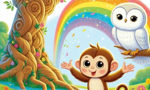 Ein kleiner Affe namens Pico mit hellbraunem Fell und neugierigen Augen steht in der Mitte des Bildes, die Arme zum Himmel erhoben, mit einem Ausdruck von Staunen und Freude. Neben ihm sitzt eine weise Eule namens Luna mit großen runden Augen und weißen Federn auf einem Ast und beobachtet Pico mit einem ermutigenden Lächeln. Im Hintergrund steht ein majestätischer alter Baum mit knorrigen Stämmen und grünen Blättern in einer sonnigen Lichtung, umgeben von bunten Blumen und einem glitzernden Bach. Die Szene zeigt Pico und Luna, die die Rückkehr eines wunderschönen Regenbogens feiern, der den Himmel mit leuchtenden Farben erhellt und Freude und Freundschaft in ihrem verwunschenen Wald symbolisiert.