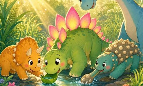 Ein glücklicher, erleichterter Stegosaurus namens Steno lächelt mit großen runden Augen und rosigen Wangen; hellgrün mit breiten rosa-gelben Rückplatten, er hält einen kleinen Becher aus einem Blatt im Maul und beugt sich über einen flachen klaren Bach, während links der neugierige kleine Triceratops Tiki den Becher mit seiner gezackten Nase berührt, hinter ihm der rundliche freundliche Ankylosaurus Rumo mit seinem Schwanz als Schaufel den Becher vorstößt und im Hintergrund rechts die große langhalsige Brachiosaurierin Lala sanft ihren Hals senkt, um zu helfen; das Ufer ist mit hohem grünem Gras, kleinen bunten Blumen, Farnen und glatten Steinen gesäumt, Morgenlicht lässt Wasser und Platten leicht schimmern, die Szene strahlt sanfte, sichere Zusammenarbeit aus.