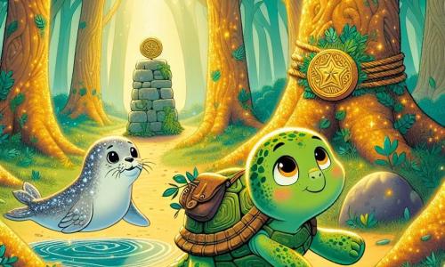 A turtle named Orla, with a mossy green shell dotted with brown spots, moves slowly with a determined look and eyes shining with hope. She carries a small shoulder bag filled with treats and a pretty blue grass band that holds her shell. Beside her, a young seal named Sable, with silver skin and sparkling eyes full of mischief, joyfully spins, splashing water from a nearby stream. They are in a clearing of an enchanted forest, surrounded by tall trees with gnarled trunks and shimmering leaves, where sunlight filters through the branches, creating golden patterns on the ground. The scene captures the moment when Orla and Sable discover an ancient stone pedestal, on which rests a mysterious shining stamp, a symbol of their quest to solve a magical riddle.