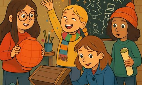 There are 4 children: Lila, an 11-year-old girl with long brown hair and round glasses, wearing a bright red sweater and holding a large papier-mâché lantern; Mia, a 10-year-old girl with braided blonde hair and a bright smile, wearing a colorful scarf and enthusiastically throwing glitter in the air; Sophie, an 11-year-old girl with brown hair and freckles, wearing a blue coat and crouching down to examine an old wooden chest; and Emma, a 10-year-old girl with curly hair and a wool hat, standing and holding a roll of paper with a curious look. The setting is a garage decorated for New Year's, filled with sparkling garlands, colorful papers, and art supplies. Bright lights hang from the ceiling, and a large blackboard is covered with festive drawings. The main scene shows the children discovering an old chest hidden in the garage, surrounded by a magical and exciting atmosphere as they prepare to open the chest to reveal treasures and clues for their New Year's treasure hunt.