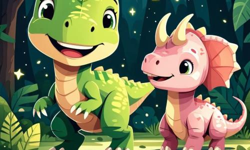Een blije velociraptor genaamd Velo, met groene veren en sprankelende ogen, staat in het midden van de afbeelding, rennend met een grote glimlach op zijn gezicht. Aan zijn rechterkant kijkt een kleine triceratops genaamd Trixie, met een roze huid en drie hoorns op haar voorhoofd, enthousiast naar Velo, klaar om te spelen. De achtergrond is een groene heuvel met kleurrijke bloemen en grote bomen, onder een heldere blauwe lucht met enkele donzige witte wolken. Op de achtergrond omhult een lichte mist een mysterieuze zone, waar je heldere blauwe bloemen kunt zien die zachtjes glinsteren in het zonlicht. De belangrijkste situatie toont Velo en Trixie die verstoppertje spelen, waarbij Velo zich achter een grote steen verstopt terwijl Trixie om zich heen kijkt met een geconcentreerde blik op haar gezicht.