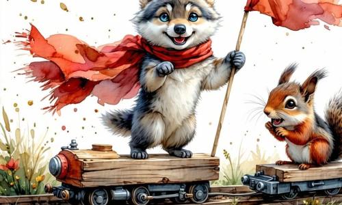 Wolfje, een klein grijsblauw wolvenjong met ronde glanzende ogen en een vrolijke geconcentreerde glimlach, duwt een houten plank omgebouwd tot locomotief en draagt een rood sjaaltje dat in de wind wappert; links Kiki, een kleine rossige eekhoorn met grote oren en ondeugende ogen, lacht en houdt een tuinhandschoen als vlag; achter de plank hurkt Daan, een gedrongen das met zwart-witte vacht, rustig en oplettend, en stelt met zijn sterke poten een dennenappel-wiel af; rechts Floep, een crèmekleurig konijn met lange afhangende oren en rond buikje, snuffelt omhoog en gebruikt een oor als net om een gevallen bes te vangen; Pip, een kleine blauw-gele koolmees, fladdert nieuwsgierig en vrolijk boven de scène met een bes in zijn snavel; de tuin heeft een gestructureerd groen gazon, terracotta bloempotten op een rij als wagons, een verroeste/zilveren goot achteraan, stapels takken en een bolgeknipte haag, zachte namiddagdlicht; situatie: vier vrienden bouwen een geïmproviseerde snacktrein, lachen samen temidden van tuingereedschap en bladeren, warme sfeer met zachte beweging en heldere expressies.
