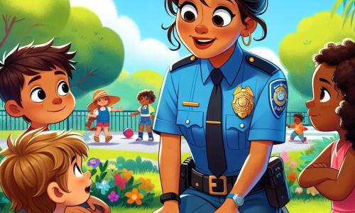 Una poliziotta sorridente, Anna, è al centro dell'immagine. È una donna di circa trent'anni, con capelli castani raccolti in uno chignon, che indossa una divisa blu con un distintivo lucente. Il suo viso irradia benevolenza mentre si accovaccia per parlare con dei bambini che giocano intorno a lei. Luca, un ragazzo di 8 anni, è alla sua destra. Ha capelli biondi arruffati e indossa una maglietta rossa. La guarda con curiosità, gli occhi spalancati, mentre le fa una domanda. Alla sua sinistra, c'è una bambina di nome Mia, di 7 anni, con capelli ricci e un vestito rosa, che sorride e ascolta attentamente, con le mani giunte davanti a sé. La scena si svolge in un parco verdeggiante, pieno di alberi maestosi e fiori colorati. I bambini giocano sull'erba, con giocattoli sparsi intorno a loro, mentre un cielo blu splendente illumina il tutto. Anna spiega ai bambini l'importanza di rispettare le regole e di aiutare gli altri, incoraggiandoli a giocare insieme e a divertirsi.