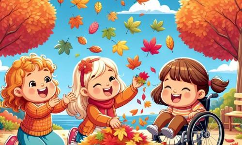 Three joyful girls, aged 8 to 9, are playing in an autumn garden. Sally, a little girl with curly blonde hair, is wearing an orange sweater and collecting colorful leaves. Next to her, Lucy, with straight brown hair and a red scarf, holds a small leaf in her hand. Mia, a girl with brown hair in a ponytail, is smiling in her wheelchair and helping to gather the leaves. The garden is filled with vibrant orange, red, and yellow leaves, with majestic trees in the background. The sky is clear blue with a few white clouds floating gently. The three friends are gathering leaves to create a large colorful pile. They laugh and have fun throwing the leaves in the air as they dance around them like autumn confetti.