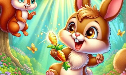 In the center of the image, a small rabbit named Benny, with soft caramel-colored fur, large upright ears, and sparkling curious eyes, stands on his hind legs, a bright smile on his face. He holds a magnificent golden carrot that shines in the sun, symbolizing his victory. Next to him, Tilly, a small squirrel with reddish fur and bright eyes, is perched on a tree branch, bouncing with excitement. Her face is lit up with a wide smile as she claps her tiny paws, sharing Benny's joy. The setting is a beautiful clearing in an enchanted garden, where colorful flowers dance in the wind and a gentle ray of sunlight filters through the leaves. Colorful butterflies flutter around, adding a touch of magic to the scene. The main situation shows Benny and Tilly celebrating their discovery of the Golden Carrot, surrounded by the garden's beauty, with expressions of joy and accomplishment on their faces, illustrating the spirit of adventure and friendship that unites them.