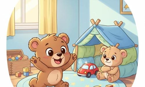 Ein kleiner brauner Teddybär als Hauptfigur mit runden glänzenden Augen, schwarzer Nase und rosigen Wangen, neugierig und glücklich, krabbelt zur Kissenhöhle und leckt vor Freude; im Inneren liegt ein glänzendes rotes Spielzeugauto mit schwarzen Rädern still wie ein gefundenes Schatz; ein beiger Teddy sitzt neben dem Auto mit weichem Fell und freundlichem Lächeln, als hätte er aufgepasst; ein blau-gelber Ball und bunte Holzbausteine liegen auf dem runden Sternenteppich, im Hintergrund eine offene Spielzeugkiste; das helle Kinderzimmer hat pastellfarbene Wände, Kissenstapel als kleine Höhle und warmes Licht durchs Fenster; Hauptsituation: der braune Bär entdeckt das rote Auto und springt vor Freude mit erhobenen Händen in einer warmen, beruhigenden Stimmung.