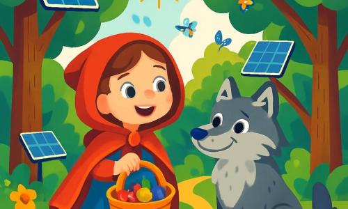 Caperucita Roja, una niña alegre de unos 8 años, lleva una capa roja brillante que brilla bajo el sol. Su rostro está iluminado por una amplia sonrisa y sus ojos brillan de curiosidad. Sostiene una pequeña cesta llena de frutas coloridas, de pie en un camino dorado que serpentea a través del bosque. A su lado, el Lobo Gris, un lobo amistoso con pelaje gris plateado y ojos brillantes, la mira con curiosidad. Está sentado sobre sus patas traseras, pareciendo interesado en la cesta de Caperucita. Al fondo, se ve la cabaña de la abuela, rodeada de grandes árboles con hojas verdes brillantes y flores luminosas que brillan a la luz del día. La escena transcurre en el Bosque del Futuro, un lugar mágico donde los árboles tienen paneles solares y insectos coloridos vuelan alrededor. Caperucita Roja y el Lobo Gris conversan alegremente, compartiendo ideas sobre la protección de la naturaleza, en una atmósfera de camaradería y aventura.