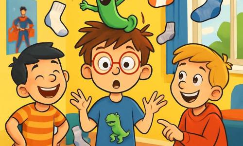 Es gibt vier Charaktere: - Paul: Ein 10-jähriger Junge mit zerzausten braunen Haaren und runden Brillen. Er trägt ein blaues T-Shirt mit einem Dinosaurier-Motiv und steht in der Mitte, die Arme ausgebreitet und überrascht. - Max: Ein 10-jähriger Junge mit blonden Haaren und einem breiten Lächeln. Er trägt einen roten Sweatshirt und kauert rechts von Paul, während er auf die kleine grüne Socke zeigt, die auf Pauls Kopf tanzt. - Tobi: Ein 10-jähriger Junge mit schwarzen Haaren und Sommersprossen. Er trägt ein gestreiftes T-Shirt und steht links von Paul, lacht laut und hat die Hände in die Hüften gestützt. - Die kleine grüne Socke: Eine kleine grüne Socke mit runden Augen und einem breiten Lächeln, die fröhlich auf Pauls Kopf springt und bereit ist, sie ins Abenteuer zu ziehen. Der Schauplatz ist ein buntes Kinderzimmer mit hellgelben Wänden, Superhelden-Postern und einem wolkenförmigen Teppich. Spielzeug liegt verstreut auf dem Boden, und ein Fenster lässt Sonnenlicht herein, das den Raum erhellt. Die Hauptsituation zeigt die drei Jungen, erstaunt und amüsiert, umgeben von tanzenden Socken, während die kleine grüne Socke sie zu einem verrückten Abenteuer einlädt, um die verschwundenen Socken zu retten.