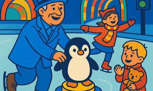 Un hombre llamado Don Zócalo, rostro risueño y arrugado, traje azul brillante y botas chirriantes, empuja con humor un gran pingüino de peluche blanco y negro desde un botón luminoso mientras hace una pirueta; a su derecha, Nico, un niño de ~6 años de cabello rubio y abrigo rojo, aplaude sujetando un osito; detrás, una niña de ~7 años con una diadema de orejas de gato y bufanda a rayas ríe y gira cerca de un túnel de luces LED; la escena ocurre en una pista de hielo exterior en una plaza adoquinada, con guirnaldas de farolillos, un panel de control bajo y una vieja señal verde-amarilla-roja parpadeante, colores vivos (azul, rojo, amarillo, verde) y contornos simples que transmiten un momento cómico y cálido en un ambiente invernal.