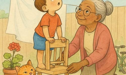Un niño de 4 años, cabello castaño corto y mejillas redondas, de pie en una pequeña silla de madera con las manos en el respaldo, mira hacia el cielo sonriendo tímidamente; junto a él, la vecina abuela Rosa (unos 70 años) con cabello gris en moño y gafas redondas sostiene la silla y sonríe con ternura; en primer plano, el gato naranja atigrado Nico sostiene una pinza de ropa azul entre los dientes. El patio pequeño tiene suelo de losas claras, un geranio rojo en maceta de barro, un cubo azul, una pequeña bicicleta verde apoyada en la valla y una sábana blanca en la cuerda que se mueve; el niño sigue una nube con forma de barquito blanco que flota bajo en un cielo azul claro, la sábana amenaza con tapar la vista y la abuela le asegura la silla mientras el gato trae la pinza como un tesoro. Estilo: trazos de tinta fina, acuarela viva y texturas suaves, colores pastel luminosos, composición centrada en el trío y la nube-barquito arriba a la derecha.