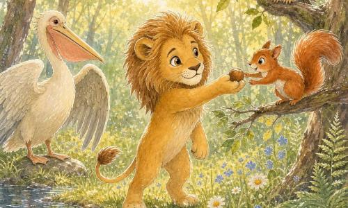 Leo, un joven león de pelaje dorado ligeramente erizado, de mirada cálida y decidida, ayuda a una pequeña ardilla rojiza a alcanzar una avellana junto a un estanque; un pelícano majestuoso a la izquierda, de plumas blancas y beige y pico con saco rosado, y un viejo búho marrón posado en una rama alta observan la escena. Claro de bosque bañado por luz dorada, hierba con flores azules y margaritas, troncos y helechos en los bordes; composición centrada, colores cálidos, estilo acuarela con detalles finos en gel blanco sobre los reflejos del agua y el pelaje.