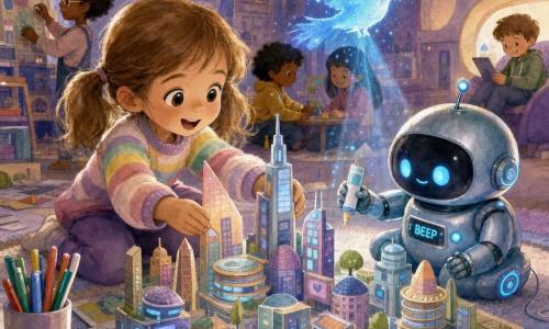 A joyful, wide-eyed 4-year-old with light brown pigtails and a pastel striped sweater sits on a soft rug gluing paper buildings onto a futuristic model city; a cushion-sized robot named Beep with soft bluish metal and blinking lights buzzes at her right holding a glue tube, and a semi-transparent blue holographic bird with glowing feathers hovers above, casting tiny star-like lights. The warm, futuristic room has lavender walls, rounded shelves, soft LED garlands and a large rug where the cardboard city of colorful towers, miniature screens and drawn streets glows as the girl builds it, the robot helps, and the hologram illuminates the scene with a tender, luminous atmosphere of little sparks.