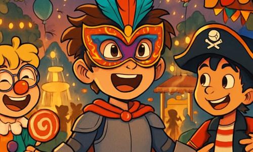 Er zijn 3 personages: - Timo: een 10-jarig jongen met rommelig bruin haar en sprankelende ogen. Hij draagt een ridderkostuum met een rode cape en een prachtig masker versierd met kleurrijke veren. Hij staat in het midden met zijn armen wijd open, verwonderd door het carnaval. - Bram: een 10-jarig jongen met blond haar en ronde bril. Hij is verkleed als clown met een kleurrijk kostuum en een grote rode neus. Hij staat links van Timo, lachend en met een grote lolly in zijn hand. - Sam: een 10-jarig jongen met zwart haar en een ondeugende glimlach. Hij draagt een piratenkostuum met een verenhoed en een plastic zwaard. Hij staat rechts van Timo en wijst enthousiast naar een limonadekraam. De locatie is een betoverend park, vol met fonkelende lampionnen, kleurrijke ballonnen in de lucht en kraampjes versierd met slingers. Kinderen lachen en dansen rond een grote verlichte fontein, terwijl clowns jongleren en muzikanten vrolijke deuntjes spelen. De hoofdscene toont Timo, met zijn magische masker, die het carnaval ontdekt. Hij is omringd door zijn vrienden, verwonderd door de heldere kleuren en de leuke activiteiten die hen te wachten staan. De drie jongens lijken klaar voor een onvergetelijk avontuur in deze betoverde wereld.