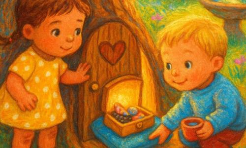 Ci sono 2 bambini: una bambina di 3 anni, Lila, capelli castani in piccole treccine, vestito giallo a pois bianchi, ginocchia un po' sporche, a sinistra della porta sull'albero con la mano appoggiata al legno e sguardo meravigliato; un bambino di 3 anni, Tommi, capelli biondi corti, maglione celeste, a destra di Lila, accovacciato, tiene una piccola tazza d'acqua e sorride timidamente. Luogo: un giardino luminoso con terreno morbido coperto di foglie e fili d'erba, un grande rovere con una piccola porta di legno incastonata con un cuore, una fontana di pietra che riflette il sole, alcune fioriture selvatiche rosa e viola e una grossezza di roccia a forma di cuore sullo sfondo. Situazione principale: i bambini toccano delicatamente la piccola porta tre volte, questa si apre lasciando uscire una calda luce dorata; all'interno, su un cuscino blu, si intravede una scatolina lucente con semi neri, un pezzo di stoffa colorata e una campanella argentata scintillante.