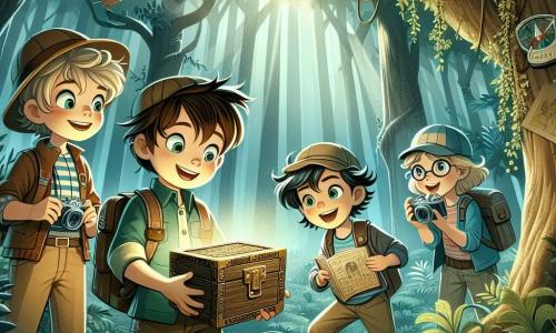 In una foresta ombrosa e magica, quattro giovani avventurieri si trovano insieme. Matteo, un ragazzo di dieci anni con capelli castani e occhi scintillanti, osserva con entusiasmo una vecchia scatola di legno che ha scoperto vicino a un grande albero. Alla sua destra, Giulia, una ragazza di dieci anni con occhiali e un cappello da esploratrice, legge attentamente un antico libro di leggende. A sinistra, Luca, un ragazzo di dieci anni con capelli biondi e un'aria ingegnosa, esamina una bussola lucente che tiene tra le mani. Infine, Elisa, una ragazza di dieci anni con capelli ricci e una macchina fotografica appesa al collo, cattura il momento con un grande sorriso. Il paesaggio è una foresta densa, con alberi maestosi e foglie verdi che filtrano la luce del sole, creando motivi di luce e ombra sul terreno. I bambini, pieni di meraviglia ed entusiasmo, stanno scoprendo un tesoro nascosto, pronti a condividere la loro incredibile scoperta e a sognare nuove avventure insieme.