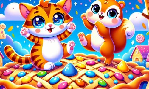 Een speelse kitten met een gestreepte oranje vacht en ondeugende, sprankelende ogen danst vrolijk op een grote, kleurrijke taart die levendig lijkt, met zijn pootjes in de lucht, wat zijn enthousiasme toont. Naast hem staat een glimlachende eikenbast, met ronde ogen en roze wangen, een ondeugend eekhoorntje dat enthousiast applaudisseert met zijn kleine pootjes omhoog, terwijl het op een tak boven hem staat. De achtergrond is een sprookjesachtig dorp, waar de huizen van kleurrijke snoepjes zijn gemaakt en de bomen fonkelende sterren dragen, onder een stralend blauwe lucht vol met marshmallow-vormige wolken. De scène toont het moment waarop de kitten en het eekhoorntje een groot festival vieren met een dansende taart, omringd door nieuwsgierige dieren die lachen en dansen, wat een vrolijke en magische sfeer creëert.