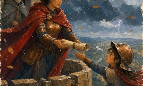 Caballera Elvira, mujer adulta de rostro sereno y decidido, armadura algo gastada con reflejos cobrizos y capa roja pegada por la lluvia, sujeta con firmeza un pergamino mojado; Maesa, niña de unos 12 años, pelo corto y despeinado, casco grande ladeado, atada con una cuerda a la balaustrada y tendiendo la mano desde la derecha para recuperar el pergamino; el alcaide Sern, hombre de unos 60 años, delgado, barba rala y abrigo gris apagado, en retirada bajo un saliente con las manos cruzadas, vigilante pero respetuoso; la escena en la cima de una torre alta y estrecha, terraza de piedra mojada y balaustrada esculpida, cielo cargado de nubes oscuras con relámpagos lejanos, lluvia y viento que hacen ondear las capas; momento dramático: la joven caballera protege un antiguo mapa en pergamino durante la tormenta, cuerda tensa, pergamino a punto de ser arrancado por el viento, tensión y coraje visibles, colores gouache saturados (gris-azul del cielo, ocres de la piedra, rojo intenso de la capa), texturas gruesas y pinceladas expresivas.