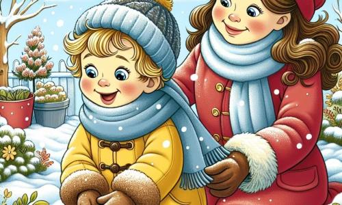 Een jongetje van 2 jaar, met blond haar en roze wangen, draagt een grote gele jas en een zachte blauwe sjaal. Hij zit in de sneeuw, met zijn handen in de vlokken, een grote glimlach op zijn gezicht die blijdschap uitstraalt. Naast hem kijkt zijn moeder, een vrouw van ongeveer 30 jaar met bruin, krullend haar, gekleed in een rode jas en bijpassende muts, hem liefdevol aan terwijl ze een stapel bladeren vasthoudt om de planten te bedekken. De scène speelt zich af in een wintertuin, waar de sneeuw de grond bedekt als een dikke witte deken, de bomen kaal zijn en de lucht helderblauw met enkele donzige wolken. De hoofdsituatie toont het jongetje en zijn moeder die enthousiast en saamhorig de tuin voorbereiden voor de winter, terwijl sneeuwvlokken zachtjes om hen heen vallen, wat een magische en warme sfeer creëert.