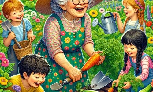 Una contadina felice, Nonna Caterina, è al centro dell'immagine. È una donna anziana, con capelli grigi raccolti, che indossa un grande cappello di paglia e un vestito a fiori colorati. Il suo viso irradia felicità mentre sorride tenendo una pala in una mano e una carota fresca nell'altra. Accanto a lei ci sono tre bambini: Luca, un ragazzo di 8 anni con capelli castani e occhiali, sta scavando nel terreno, mentre Sara, una ragazza di 7 anni con trecce bionde, annaffia le piante con un annaffiatoio. Amir, un ragazzo di 6 anni con capelli neri, osserva con meraviglia, tenendo una piccola zucchina tra le mani. La scena si svolge in un giardino verdeggiante, pieno di file di carote e zucchine, sotto un cielo blu splendente. Fiori colorati bordano i sentieri e gli uccelli cantano sugli alberi. Nonna Caterina spiega con entusiasmo ai bambini come coltivare le verdure, mentre ridono e si divertono insieme in questo angolo di paradiso agricolo.
