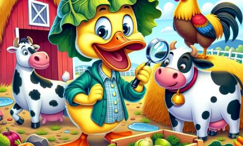 Un'anatra di nome Quack, con un piumaggio giallo brillante e un grande sorriso curioso, indossa una lente di vetro e un cappello di foglia di cavolo. Si trova al centro della scena, con gli occhi scintillanti di eccitazione, pronto a risolvere il mistero delle carote scomparse. Alla sua destra, una mucca di nome Marta, con macchie nere e bianche, guarda Quack con un'espressione perplessa, con le orecchie dritte. A sinistra, un gallo di nome Gigi, con piume rosse vivaci, si trova su una cassa di legno, urlando per attirare l'attenzione degli altri animali. Lo scenario è una colorata fattoria, con fieno dorato, un pollaio di legno dipinto di rosso e un giardino pieno di verdure vibranti. Sullo sfondo, un cielo azzurro chiaro con alcune nuvole bianche aggiunge un tocco gioioso. La scena principale mostra Quack mentre scruta il terreno, cercando indizi, mentre gli altri animali lo osservano con curiosità, impazienti di scoprire chi ha rubato le carote.