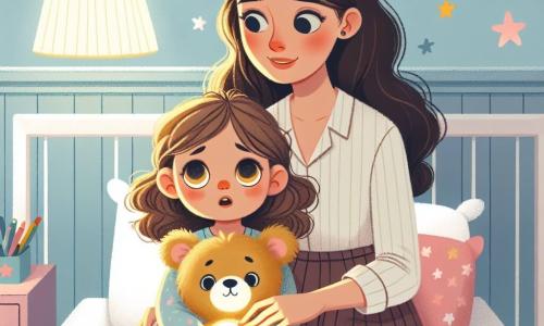 A 1-year-old girl with big bright eyes and curly brown hair lies in her bed, holding her soft teddy bear, Mr. Fluffy, against her chest, displaying a curious yet slightly scared expression. Next to her, her mother, a woman in her 30s with long smooth hair, smiles tenderly while holding a small night lamp that emits a soft yellow light. She sits on the edge of the bed, comforting her daughter. The scene takes place in a cozy room with pastel-painted walls decorated with star and cloud stickers. A fluffy rug is on the floor, and colorful toys are scattered around the bed. The lamp's light creates a soft and reassuring atmosphere, contrasting with the darkness in the rest of the room. The main situation shows the little girl, a bit nervous, looking around as her mother points out the stars on the ceiling, turning the fear of the dark into a magical and comforting moment.