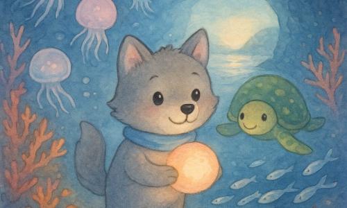 Anthropomorphic wolf pup with soft gray fur and a small blue scarf holds a glowing round shell emitting a gentle peach light while a round green sea turtle with yellow spots guides him from behind with a flipper; translucent pale pink and blue jellyfish float like lanterns, a school of silver fish circles to open a path, and colorful pink, orange and yellow coral with small hiding fish fills the background as a distant beach and cave opening show wet sand reflecting the golden sunset—the wolf cautiously advances through a blue underwater cave toward the exit as his marine friends light and form a protective passage, watercolor style with soft colors, rounded lines, and a comforting, magical atmosphere.