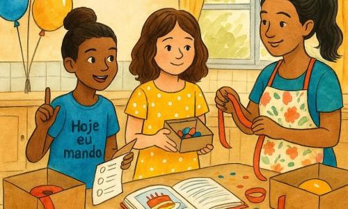 Três personagens: Lila, ~10 anos, cabelo castanho médio cacheado, vestido amarelo com bolinhas brancas, no centro junto à mesa segurando uma caixa de enfeites vermelhos e azuis; Joana, ~11 anos, cabelo castanho preso em coque, camiseta azul “Hoje eu mando”, à esquerda apontando uma lista escrita à mão; a mãe, ~35 anos, cabelo preto em rabo de cavalo, avental floral, à direita atrás da mesa com um rolo de fita olhando as meninas com carinho. Local: cozinha clara com azulejos claros, mesa de madeira clara coberta de caixas abertas, balões coloridos murchos no chão e guirlandas de papel perto de uma janela iluminada pela manhã. Situação: preparativos de aniversário — decoram e organizam a mesa com fitas vermelhas, confetes, um livro de receitas aberto com foto de bolo e balões prontos para encher. Estilo: tinta colorida, traços nítidos, cores vivas e texturas visíveis no madeira e tecidos.